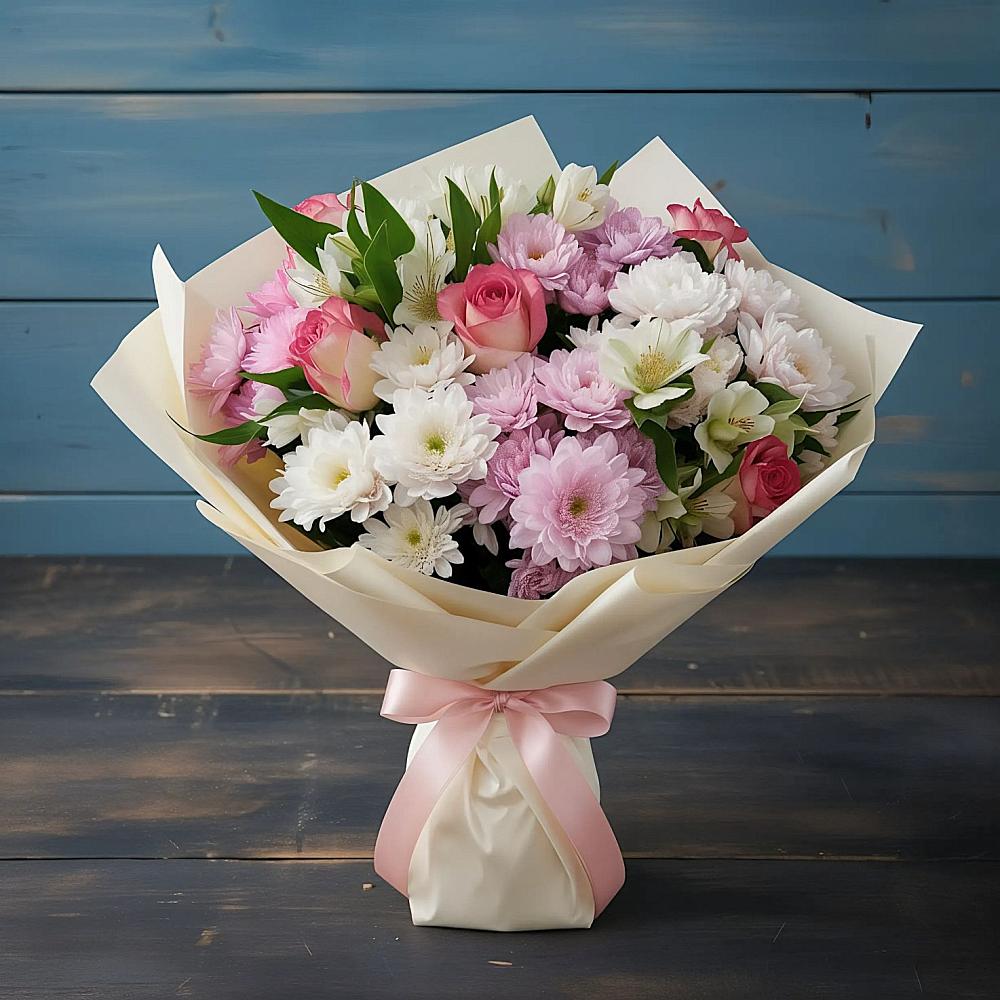 Букет цветов из: Хризантемы, Альстромерии и Розы в Тоцкое Второе